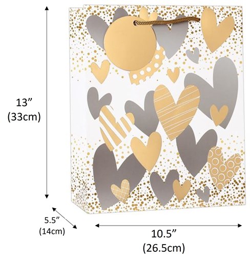 Large Gift Bag - White with Silver Gold Hearts Gold Foil Tag 13x10.25" Large Gift Bag - White with Silver Gold Hearts Gold Foil Tag 13x10.25"