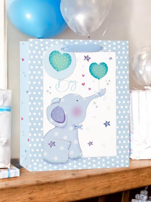 Medium Birth of Baby Boy Gift Bag - Blue Elephant Ribbon Handle & Tag 10.5x8.5" Medium Birth of Baby Boy Gift Bag - Blue Elephant Ribbon Handle & Tag 10.5x8.5"