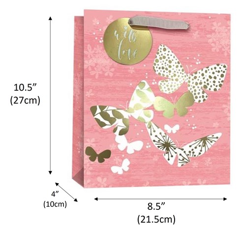 Medium Floral Gift Bag - Pink with White and Gold Butterflies Foil Finish 10x8" Medium Floral Gift Bag - Pink with White and Gold Butterflies Foil Finish 10x8"