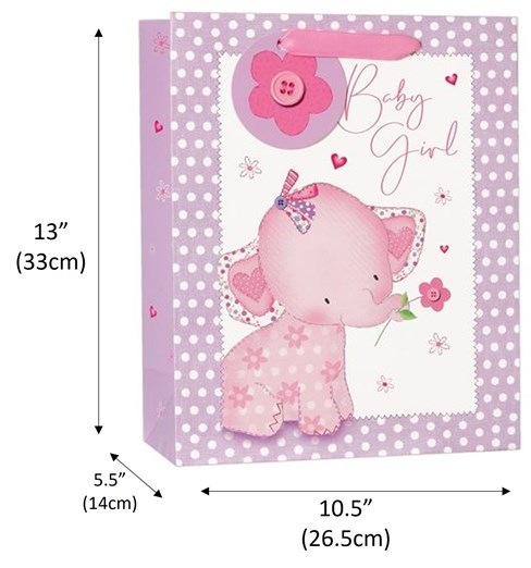 Medium Birth of Baby Girl Gift Bag - Pink Elephant with Flower Hearts 10x8.5" Medium Birth of Baby Girl Gift Bag - Pink Elephant with Flower Hearts 10x8.5"