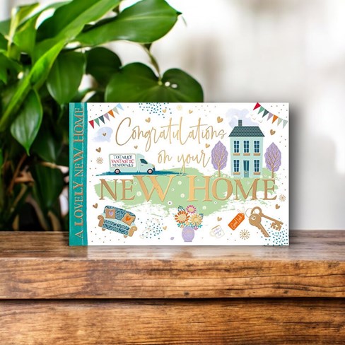 New Home Greetings Card - Green House and Removal Van with Gold Foil 7.5x5.25" New Home Greetings Card - Green House and Removal Van with Gold Foil 7.5x5.25"