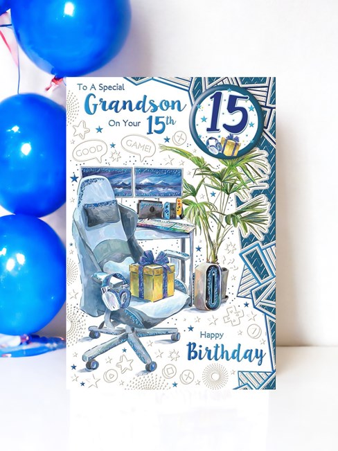 Grandson 15th Birthday Card & Badge - Age 15 Gaming Chair Desk Blue Foil 9x6" Grandson 15th Birthday Card & Badge - Age 15 Gaming Chair Desk Blue Foil 9x6"