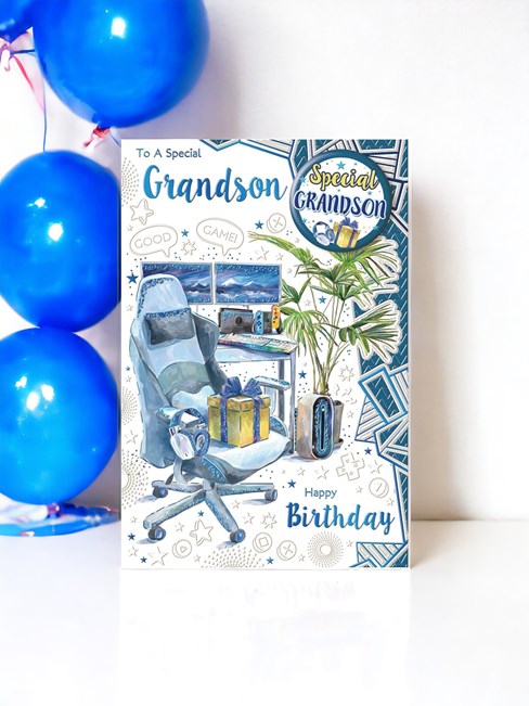 Special Grandson Birthday Card & Badge - Blue Gaming Chair & Desk with Foil 9x6" Special Grandson Birthday Card & Badge - Blue Gaming Chair & Desk with Foil 9x6"