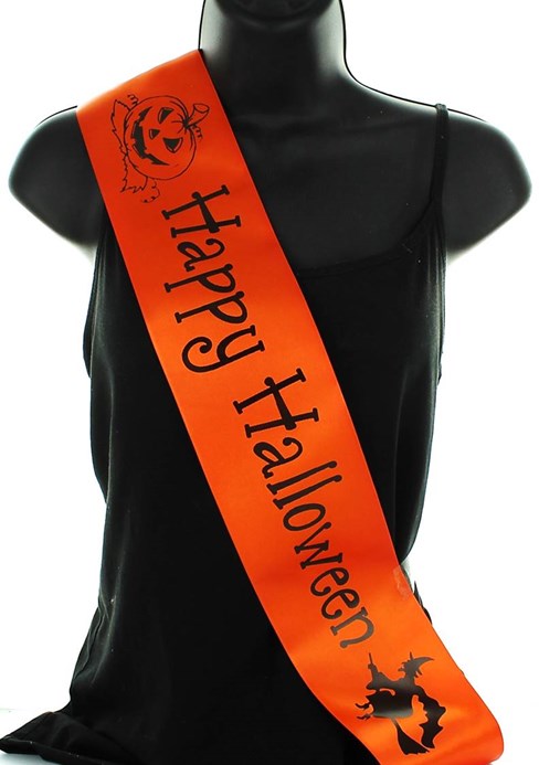Orange Personalised Halloween Party Satin Ribbon Sash - Black Text & Images Orange Personalised Halloween Party Satin Ribbon Sash - Black Text & Images