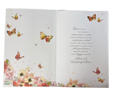 Special Sister Birthday Card - Flowers and Butterflies with Gold Foil Verse 9x6" Special Sister Birthday Card - Flowers and Butterflies with Gold Foil Verse 9x6"