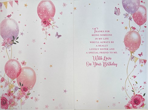 Sister Birthday Card - Pink Lilac Balloons Flowers Butterflies & Gold Foil 9x6" Sister Birthday Card - Pink Lilac Balloons Flowers Butterflies & Gold Foil 9x6"