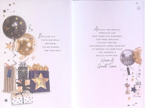 Brother Birthday Card & Insert Blue Gift Bag Black Gold Silver Balloons Foil 9x6 Brother Birthday Card & Insert Blue Gift Bag Black Gold Silver Balloons Foil 9x6