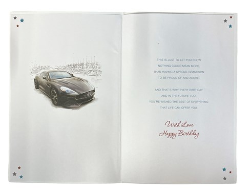 Grandson Birthday Card - Black Sports Car with Blue Red Stars & Red Foil 9x6" Grandson Birthday Card - Black Sports Car with Blue Red Stars & Red Foil 9x6"