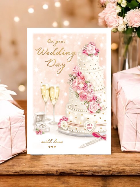 Wedding Day Card with Verse - Pink Rose Cake with Champagne Glasses Foil 9x6" Wedding Day Card with Verse - Pink Rose Cake with Champagne Glasses Foil 9x6"