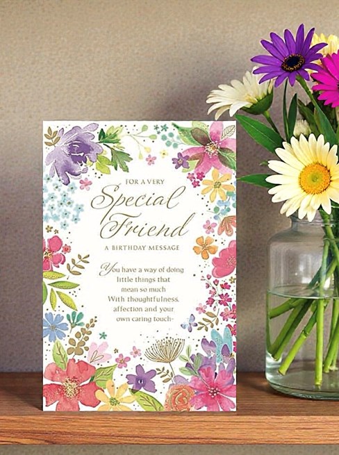 Special Friend Birthday Card - Bright Wild Flowers with Gold Foil Verse 9x6" Special Friend Birthday Card - Bright Wild Flowers with Gold Foil Verse 9x6"