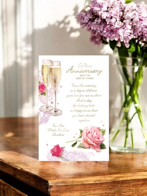 Open Wedding Anniversary Card - Champagne Glasses Flowers Gold Foil Verse 9x6" Open Wedding Anniversary Card - Champagne Glasses Flowers Gold Foil Verse 9x6"