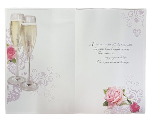 Wife Wedding Anniversary Card - Champagne Glasses Pink Roses Gold Foil Verse 9x6 Wife Wedding Anniversary Card - Champagne Glasses Pink Roses Gold Foil Verse 9x6