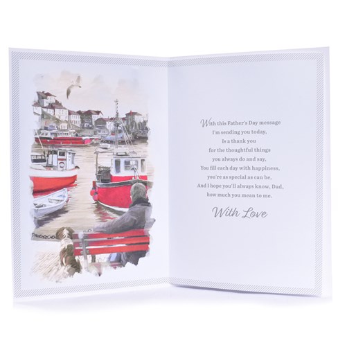 Dad Father's Day Card - Man & Dog by Harbour Scene Silver Foil 9.5x6.75" Dad Father's Day Card - Man & Dog by Harbour Scene Silver Foil 9.5x6.75"