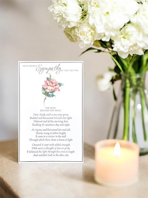 Sympathy Condolence Card with Insert - Pink Rose and Silver Foil Poem Verse 9x6 Sympathy Condolence Card with Insert - Pink Rose and Silver Foil Poem Verse 9x6