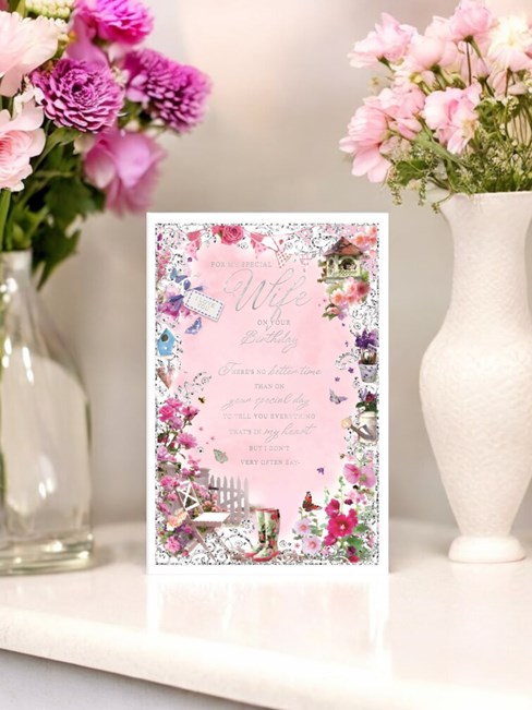 Wife Birthday Card - Garden Theme Flowers Butterflies and Silver Foil Verse 9x6" Wife Birthday Card - Garden Theme Flowers Butterflies and Silver Foil Verse 9x6"