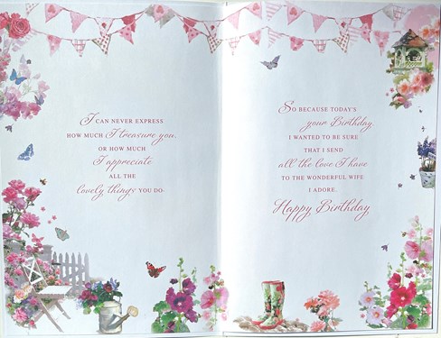 Wife Birthday Card - Garden Theme Flowers Butterflies and Silver Foil Verse 9x6" Wife Birthday Card - Garden Theme Flowers Butterflies and Silver Foil Verse 9x6"