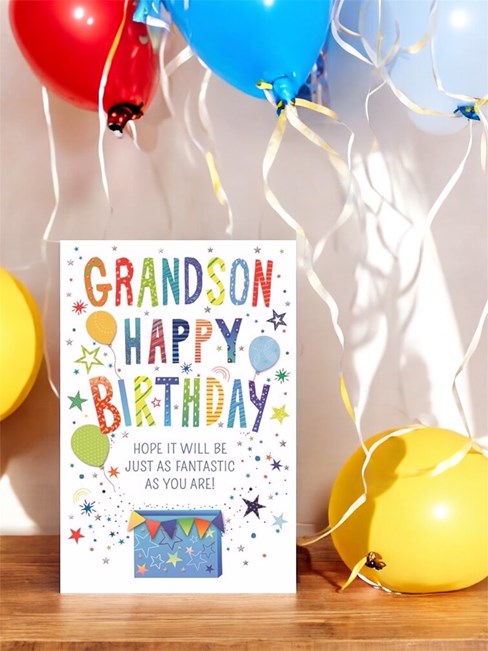 Grandson Birthday Card - Multicoloured Letters Balloons Stars & Foil Insert 9x6" Grandson Birthday Card - Multicoloured Letters Balloons Stars & Foil Insert 9x6"