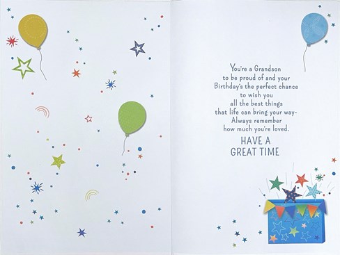 Grandson Birthday Card - Multicoloured Letters Balloons Stars & Foil Insert 9x6" Grandson Birthday Card - Multicoloured Letters Balloons Stars & Foil Insert 9x6"