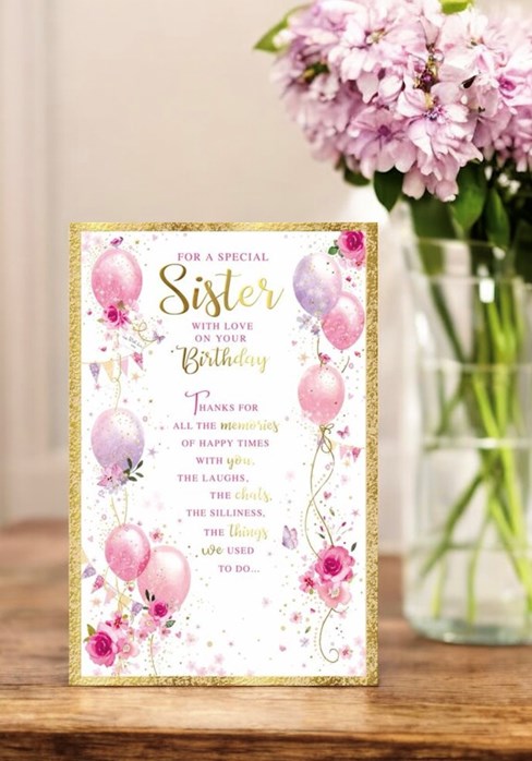 Sister Birthday Card - Pink Lilac Balloons Flowers Butterflies & Gold Foil 9x6" Sister Birthday Card - Pink Lilac Balloons Flowers Butterflies & Gold Foil 9x6"