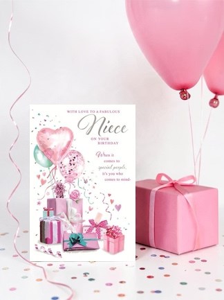 Niece Birthday Card - Pink Presents and Balloons with Silver Foil 9x6" Niece Birthday Card - Pink Presents and Balloons with Silver Foil 9x6"