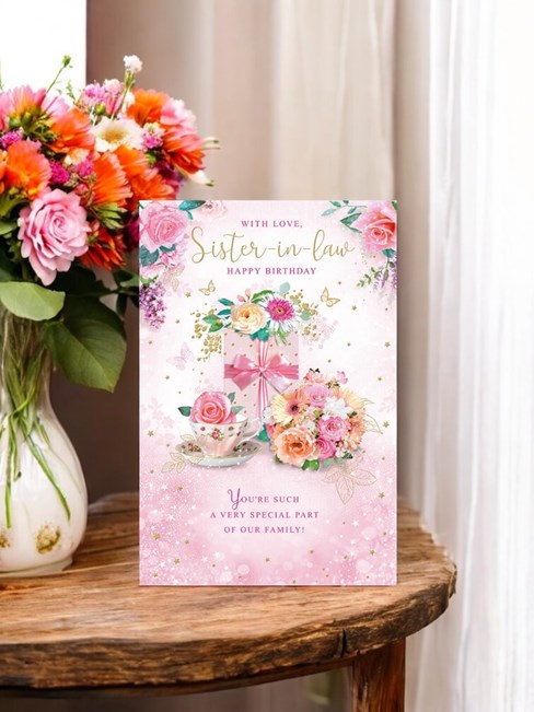 Sister-in-Law Birthday Card - Pink Orange Flowers Teacup & Foil Butterflies 9x6" Sister-in-Law Birthday Card - Pink Orange Flowers Teacup & Foil Butterflies 9x6"