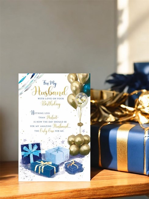 Husband Birthday Card - Blue Presents and Gold Balloons with Gold Foil 9x6 " Husband Birthday Card - Blue Presents and Gold Balloons with Gold Foil 9x6 "