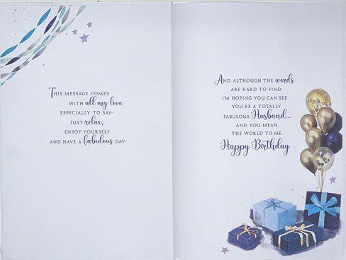Husband Birthday Card - Blue Presents and Gold Balloons with Gold Foil 9x6 " Husband Birthday Card - Blue Presents and Gold Balloons with Gold Foil 9x6 "