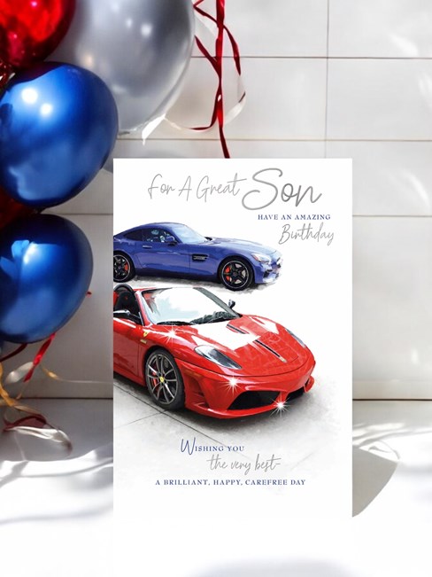 Son Birthday Card - Blue and Red Sports Cars with Silver Foil 9x6" Son Birthday Card - Blue and Red Sports Cars with Silver Foil 9x6"