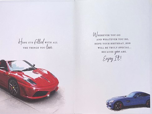Son Birthday Card - Blue and Red Sports Cars with Silver Foil 9x6" Son Birthday Card - Blue and Red Sports Cars with Silver Foil 9x6"