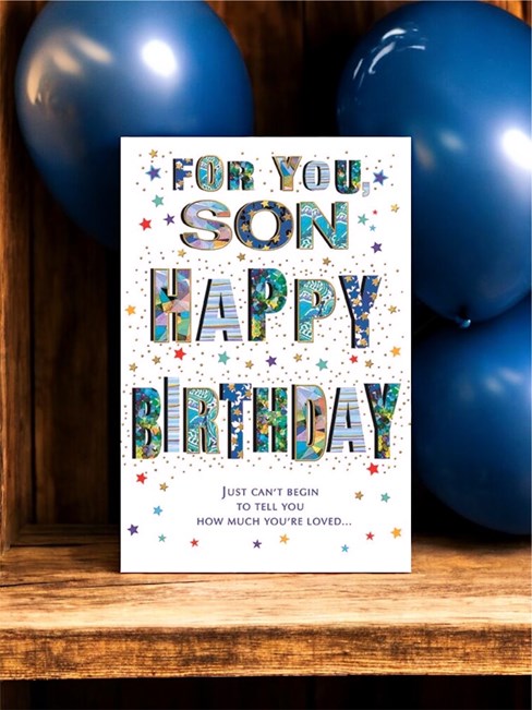 Son Birthday Card - Blue Green Letters and Stars with Gold Foil and Insert 9x6" Son Birthday Card - Blue Green Letters and Stars with Gold Foil and Insert 9x6"