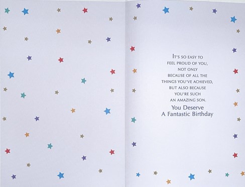 Son Birthday Card - Blue Green Letters and Stars with Gold Foil and Insert 9x6" Son Birthday Card - Blue Green Letters and Stars with Gold Foil and Insert 9x6"