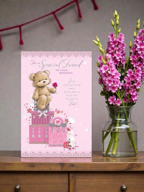 Special Friend Birthday Card - Cute Bear & Pink Rose Sat on Boxes with Foil 9x6" Special Friend Birthday Card - Cute Bear & Pink Rose Sat on Boxes with Foil 9x6"