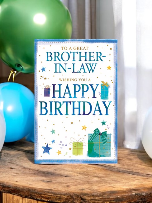 Brother-in-Law Birthday Card - Blue Green Presents and Stars with Gold Foil 9x6" Brother-in-Law Birthday Card - Blue Green Presents and Stars with Gold Foil 9x6"