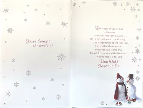 Son & Girlfriend Christmas Card with Insert - Snowman Couple Silver Foil 9x6" Son & Girlfriend Christmas Card with Insert - Snowman Couple Silver Foil 9x6"