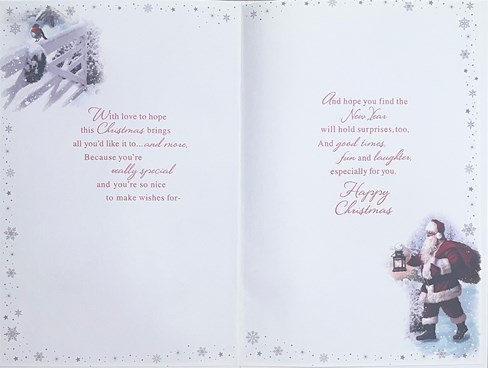 Son Christmas Card - Traditional Santa Robin on Gate in Snow Silver Foil 9x6" Son Christmas Card - Traditional Santa Robin on Gate in Snow Silver Foil 9x6"