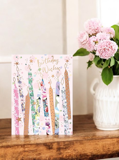 Female Birthday Card - Pink with Floral Candles and Rose Gold Foil 7.5x5.75" Female Birthday Card - Pink with Floral Candles and Rose Gold Foil 7.5x5.75"