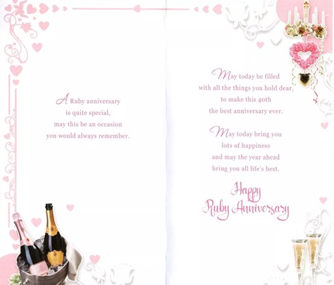Ruby 40th Wedding Anniversary Card - Champagne and Hearts with Red Foil 9x4.75" Ruby 40th Wedding Anniversary Card - Champagne and Hearts with Red Foil 9x4.75"