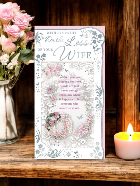 Loss of Your Wife Sympathy Card - Pink Flower Wreath Foil Butterflies 9x4.75" Loss of Your Wife Sympathy Card - Pink Flower Wreath Foil Butterflies 9x4.75"
