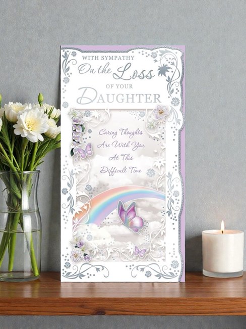 Loss of Your Daughter Sympathy Card - Rainbow Lilac Butterfly Silver Foil 9x4.75 Loss of Your Daughter Sympathy Card - Rainbow Lilac Butterfly Silver Foil 9x4.75