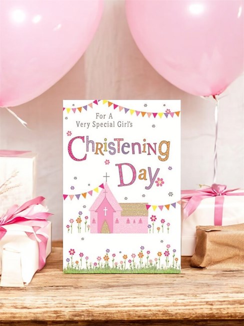 Girl's Christening Day Card - Pink Church Bunting Flowers Silver Foil 7.75x5.25" Girl's Christening Day Card - Pink Church Bunting Flowers Silver Foil 7.75x5.25"