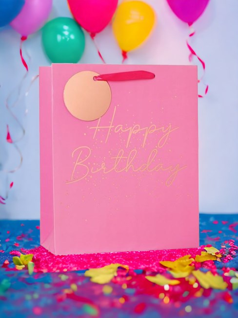 Large Female Gift Bag - Pink with Rose Gold Foil Happy Birthday & Tag 13"x10.5" Large Female Gift Bag - Pink with Rose Gold Foil Happy Birthday & Tag 13"x10.5"