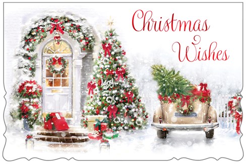 Box of 12 Large Christmas Cards - Xmas Tree Outside House with White Door Foil Box of 12 Large Christmas Cards - Xmas Tree Outside House with White Door Foil