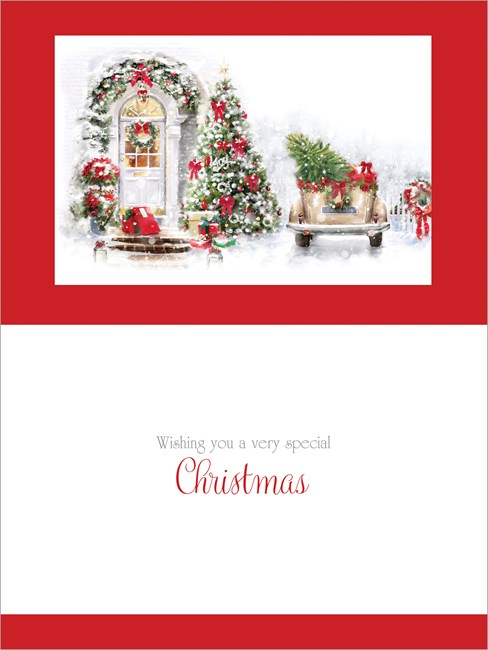 Box of 12 Large Christmas Cards - Xmas Tree Outside House with White Door Foil Box of 12 Large Christmas Cards - Xmas Tree Outside House with White Door Foil