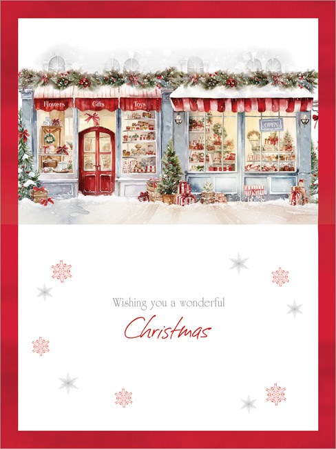 Box of 12 Large Christmas Cards - Festive Village Shop with Red Foil Box of 12 Large Christmas Cards - Festive Village Shop with Red Foil