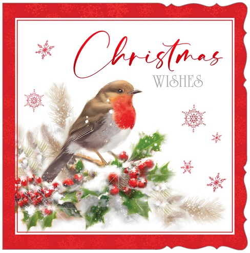 Box Of 12 Scenic Premium Inserted Christmas Cards - Robin on Holly Branch Foil Box Of 12 Scenic Premium Inserted Christmas Cards - Robin on Holly Branch Foil