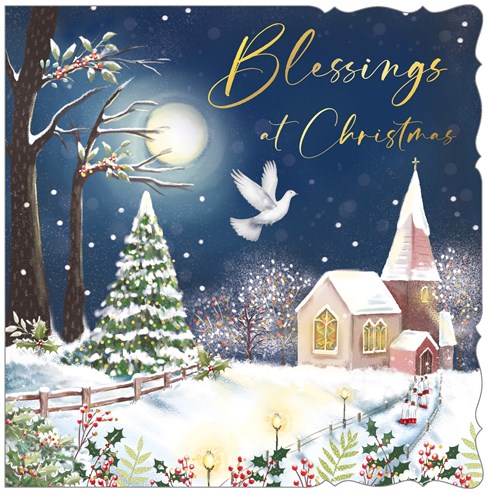 Box Of 12 Religious Premium Inserted Christmas Cards - Church & Dove at Night Box Of 12 Religious Premium Inserted Christmas Cards - Church & Dove at Night