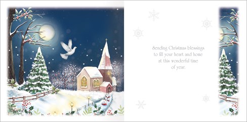 Box Of 12 Religious Premium Inserted Christmas Cards - Church & Dove at Night Box Of 12 Religious Premium Inserted Christmas Cards - Church & Dove at Night