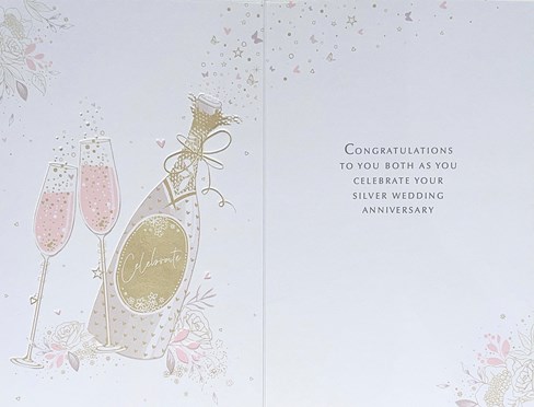 Silver 25th Wedding Anniversary Card - Foiled Champagne Flutes Flowers 7.5x5.25" Silver 25th Wedding Anniversary Card - Foiled Champagne Flutes Flowers 7.5x5.25"