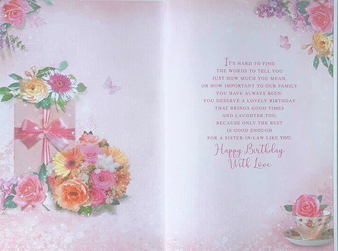 Sister-in-Law Birthday Card - Pink Orange Flowers Teacup & Foil Butterflies 9x6" Sister-in-Law Birthday Card - Pink Orange Flowers Teacup & Foil Butterflies 9x6"