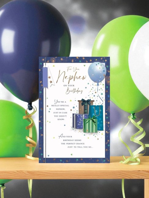 Nephew Birthday Card - Blue Green Presents Balloon and Stars Copper Foil 9x6" Nephew Birthday Card - Blue Green Presents Balloon and Stars Copper Foil 9x6"
